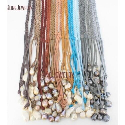 Braided Faux Suede Lariat Necklace Freshwater Baroque Pearls Necklace Leather Wrap Necklace NM18415