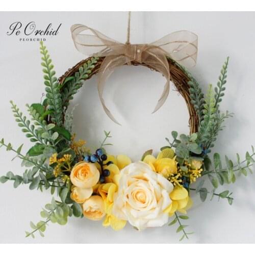 PEORCHID Yellow Rose Portable Garland Bride Bridesmaid Bouquets Artificial flower Hoop Hand Holds Wreath Wall Hanging Decoration