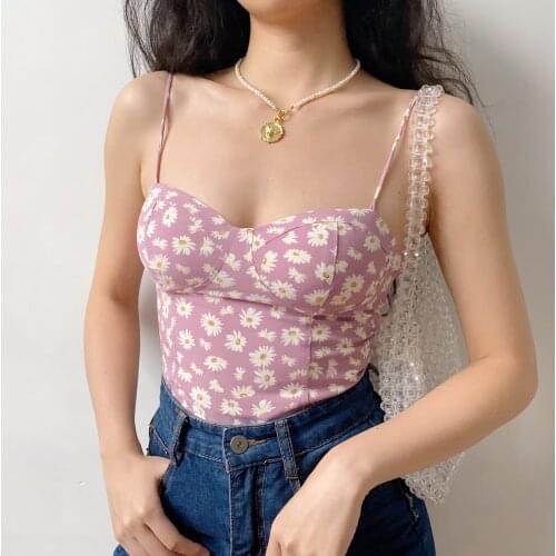 Sexy low-cut and thin purple daisy sling pleated vest womens outer wear with chest pad