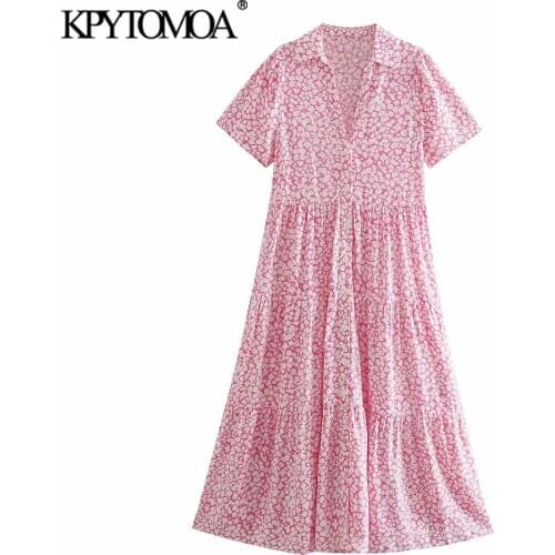 KPYTOMOA Women 2021 Chic Fashion Printed Panel Midi Dress Vintage Short Sleeve Button-up Female Dresses Vestidos Mujer