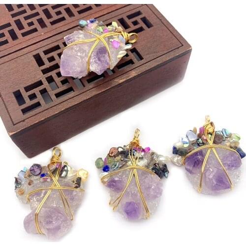 Natural Stone Lilac Crystal Pendant Hand-wound Copper Wire and Pasted Colorful Small Pearl Irregular Necklace Pendant DIY Making