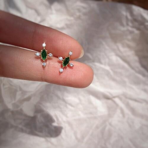 Inlaid Zircon Stud Earrings For Women Classic Vintage Emerald Green Simple Geometric Delicate Korea New Lady Luxury Jewelry Gift