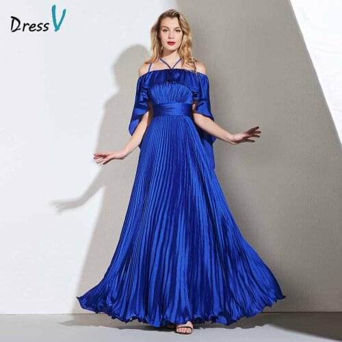 Dressv dark royal blue a line prom dress short sleeves pleats zipper up floor length evening party evening gown prom dresses