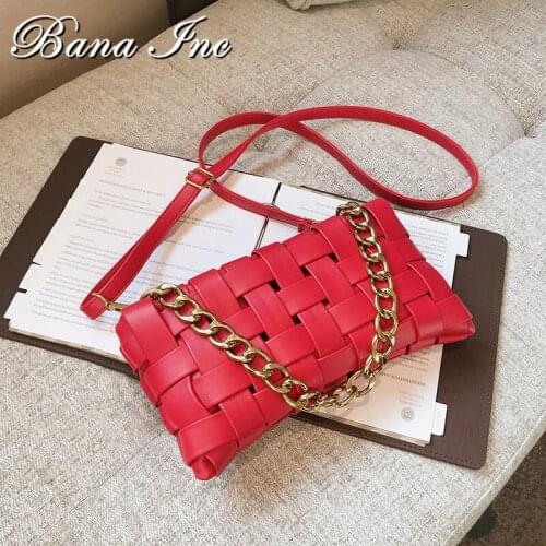 Women Leather Woven Design Shoulder Bag Metal Chain Handbag And Purse Women Weave Mini Crossbody Bag Female Bolso Sac