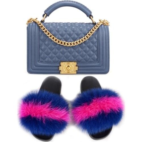 2020 Women Fur Slippers Ladies Slippers Round Toe Shoes Fashion Bag Set Comfortable Summer Non-Slip Footwear