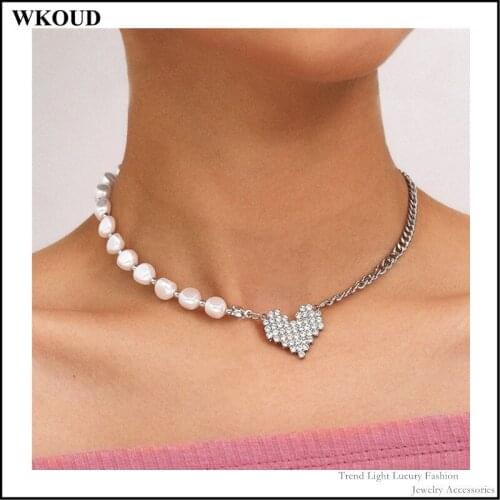 2021 Summer New Vintage Personal Oval Imitation Pearl Micro-Inlaid Zircon Heart-Shaped Asymmetric Women‘s Metal Chain Necklace