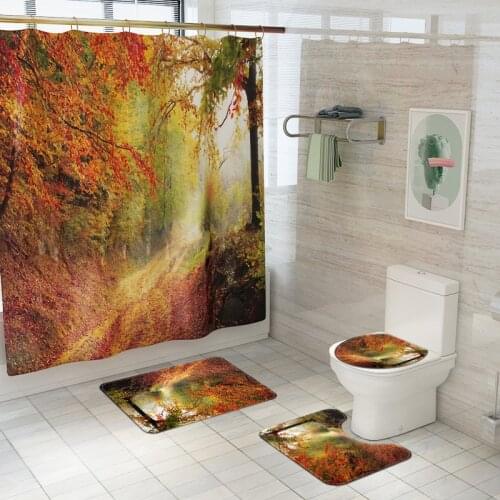 Scenic Printed Bath Mat and Shower Curtain Set 4pcs Modern Bath Rugs Anti Skid Bathroom Carpet Toilet Foot Pad Bath Mats