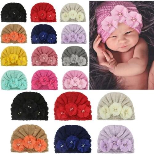2021 Baby Accessories Clothing Infant Baby Girl Boy Winter Beanie Flower Warm Cap Crochet Knitted Pearls Hat Turban