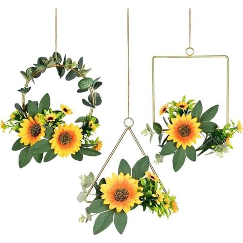 3Pcs Floral Hoop Wreath,Hanging Garland Artificial Silk Sunflowers and Leaves Metal Ring Hoop Wreath for Home Wall Decor