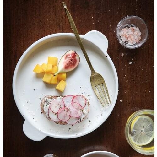 7.5inch Rough Porcelain White Dinner Plate Double Ear Vintage Kitchen Dishes Plates Tableware Black Dots Decor