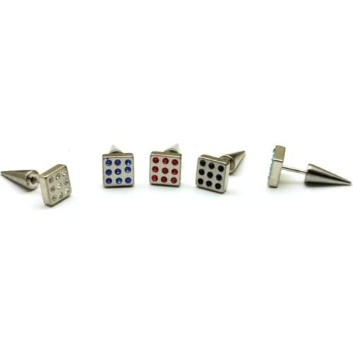 Alisouy 2 pieces Rhinestones Square Cone Tip Rivet Titanium steel Men Women Ear Stud Earring 9 color for chose