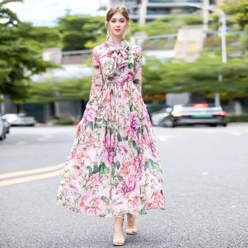 White Chiffon Bowtie Pink Floral Dresses Women Fashion Elegant 2021 Summer Long Casual Sexy Office Work Daily Dress Plus Size
