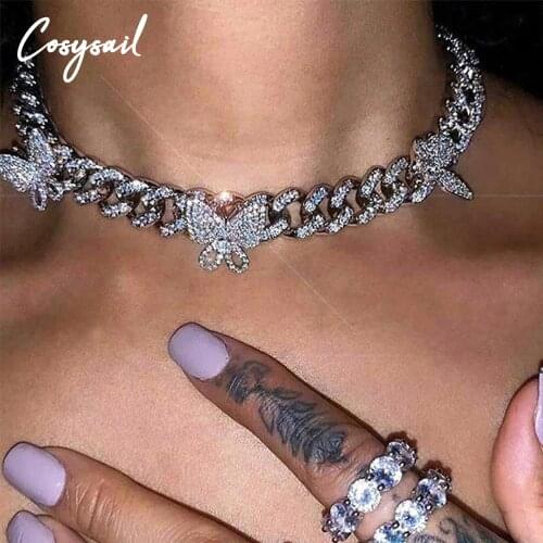 Cosysail Shiny Rhinestone Cuban Butterfly Choker Necklace for Women Chunky Miami Curb Chain Necklace Hip hop Party Jewelry Gift