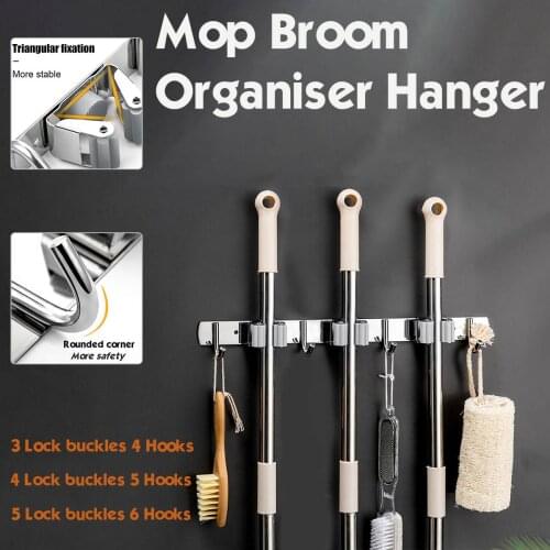 Broom Holder Heavy Duty Practical Clip Mop Organizer Wall Mount Hook Stainless Steel Storage Space Saving Hanger Multifunctional