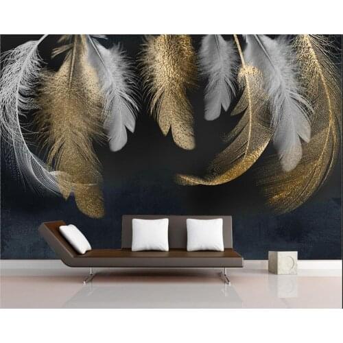 Home background wall decoration 3d wallpaper Nordic style white gold feather bedroom living room 3d wallpaper painting