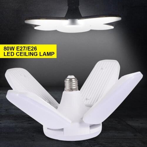 E26/ E27 LED Garage Light 4 Leaf Deformable Folding High Bay Industrial Lamp 80W 85-265V 8000lm LED Garden Workshop Ceiling Lamp