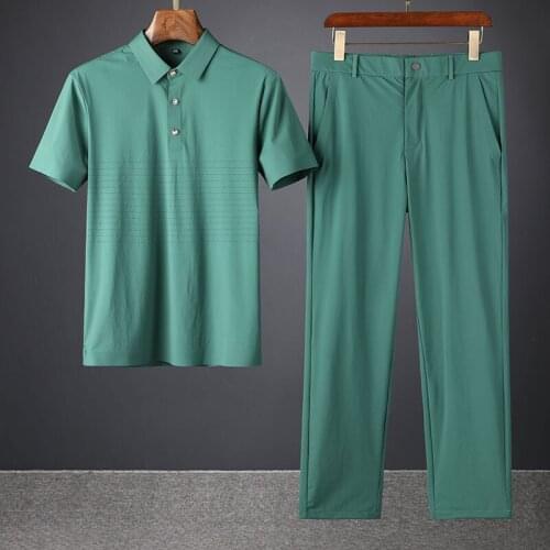 2021 summer high end mens leisure sports suit silk elastic ice silk two piece no iron Lapel for men