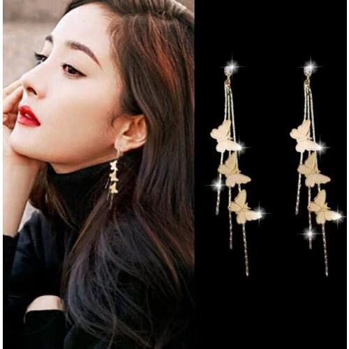 European Exaggerated Three Butterflies Drop Earrings for Female Temperament Gold Color Tassel Long Butterfly Earring Jewelry