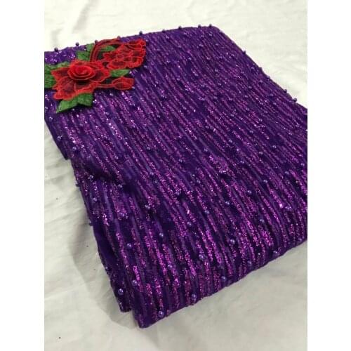 Hot selling ZH-52512 glued glitter sequins lace fabric with beads African French net tulle Lace Fabric for party