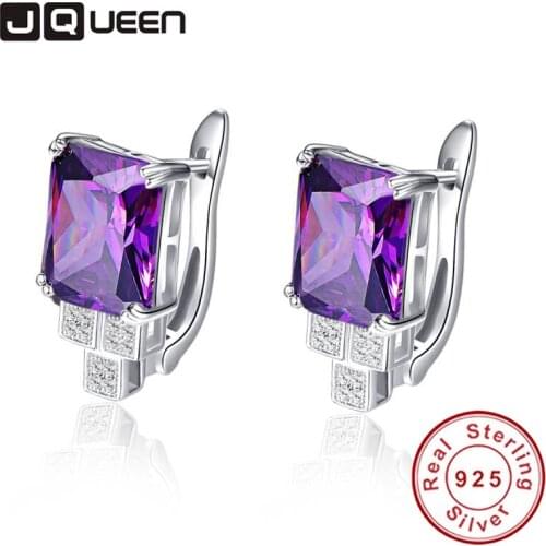 JQUEEN Elegant 8.15g Purple Piercing Earrings Clip Design Women Amethyst Stone Ear Studs Silver 925 Bridal Wedding Party Jewelry