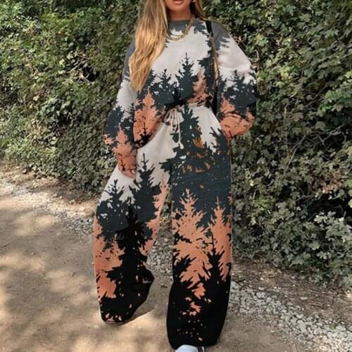 Tree Print Casual Vintage Thin Sweatshirt Two Piece Set Women Hoodies Tracksuit Streetwear Lady Pants Matching Set Autumn 2020