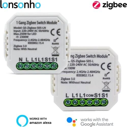Lonsonho Tuya Zigbee Smart Switch Module No /With Neutral EU 220V 2 Way Wireless Light Switch Relay Zibee2MQTT Home Assistant