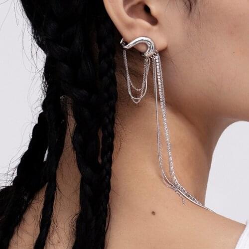 VSnow Minimalist Asymmetric Silver Color Long Tassel Dangle Earrings for Women Luxury Rhinestone Curve Metal Earrings Jewelry