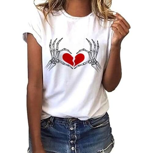 Fashion Summer Skeleton Hand Fun printed T Shirt Female Tshirt Leisure White Round Neck t shirt Short Sleeve Ladies T-shirt