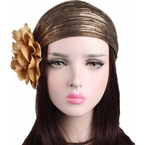 Fashion Ladies Gold Silver Big Flower Turban Hats For Women Chemo Bandana Hijab Pleated Indian Cap Turbante Women Headwear