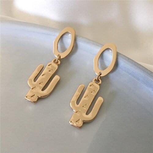 Trendy Gold Color Plating Small Triangle Stamp on the Cactus Charm Drop Earrings For Women Girl Casual Lovely Naturalism Jewelry