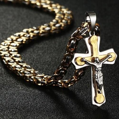 Gold Byzantine Jesus Cross Burning Flame Pendant Necklace for Men Male Christian Prayer Long Necklaces Jewelry collares collier