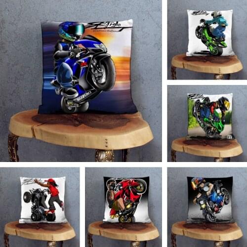 Extreme Sports Cushion Cover Decor Cartoon Motorcycle Pillowcase Soft Plush Colorful Mobile Bike Pillow Case for Sofa Home Car