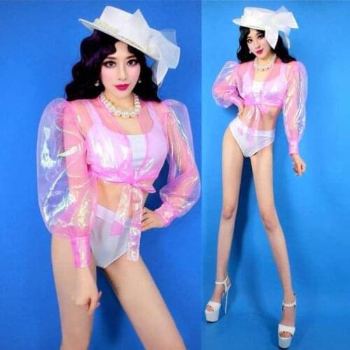 Nightclub Bar Female Gogo/Pole/Jazz Dance Costumes Laser Mesh See-Through Long Puff Sleeve Clothes Women Rave Outfits DWY5009