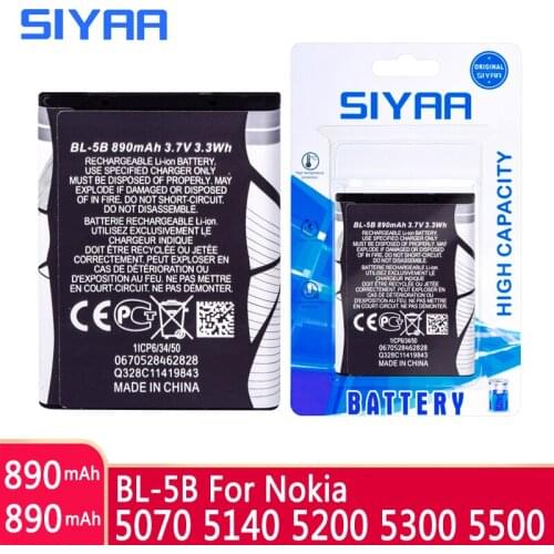 SIYAA Original Battery BL-5B For Nokia 5070 5140 5200 5300 5500 6020 6021 6060 6070 6080 890mAh BL5B BL 5B Li-ion Bateria