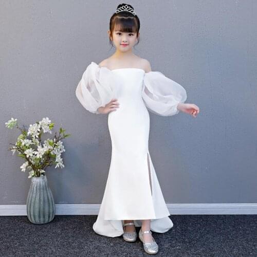 White mermaid dress age for 3- 14T teenage girl vintage noble graduation gowns evening party kids irregular christmas frocks L30