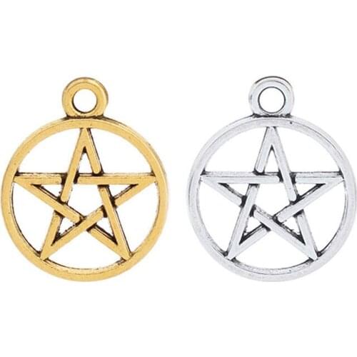 40 x Antique Gold/Silver Plated Pentacle Pentagram Star Round Circle Charms Pendants for Necklace Bracelet Jewelry Making 18mm