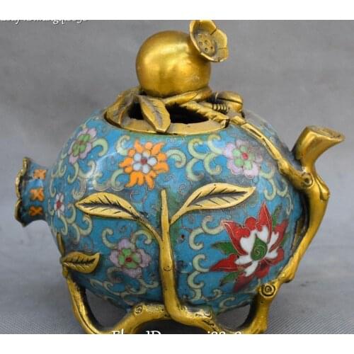 6" Cloisonne Bronze 24K Gold Gilt Pomegranate Guava Lotus Incense Burner Censer