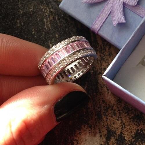 Luxury 925 Sterling silver BAND RING FINGER Pave Pink SAPPHIRE Gemstone Rings for Women WEDDING Engagement JEWELRY Gift