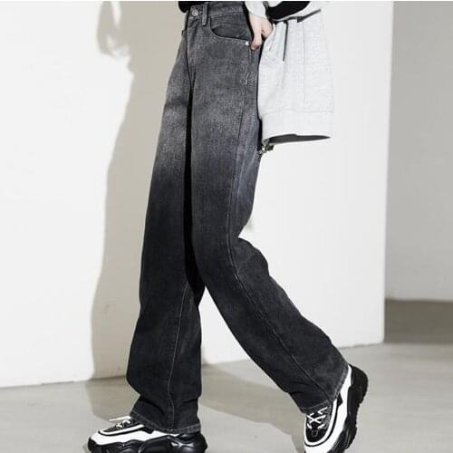 Plus Size Loose Casual Water Wash Jeans Women Autumn New High Waist Slimming Gray Gradient Trend Straight Mopping Denim Trousers