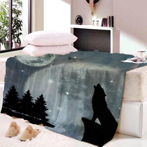 Animal Throw Blanket For Sofa Car Bed Cover Night Moon Wolf Print Warm Winter Fleece Blanket Plush Bedspread For Children Adults