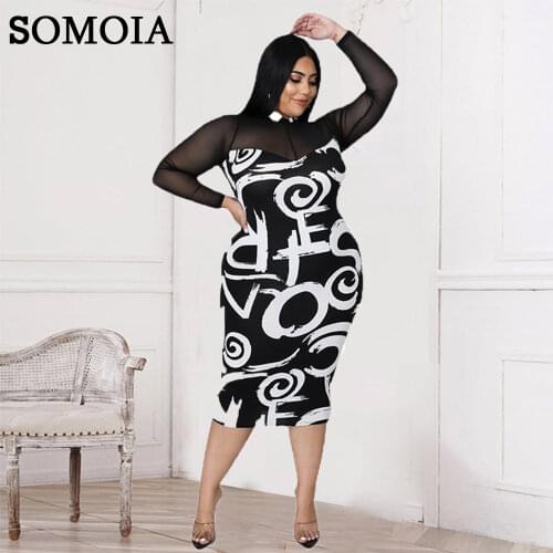 Plus Size Women Clothing Casual Temperament Bodycon Dress Sexy Transparent Mesh Patchwork Vintage Print Dresses Wholesale Items