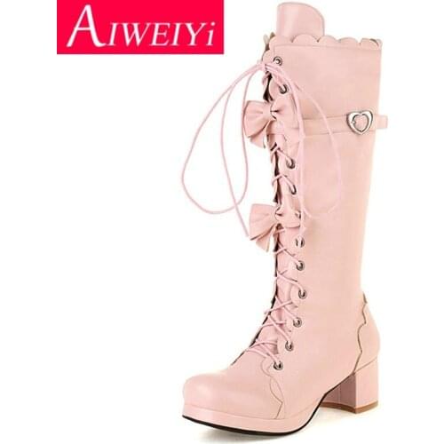 Lolita Shoes Woman Black White Pink Square Heel High Heels Lace Up Cosplay Shoes Winter Thigh High Boots Gothic Boots