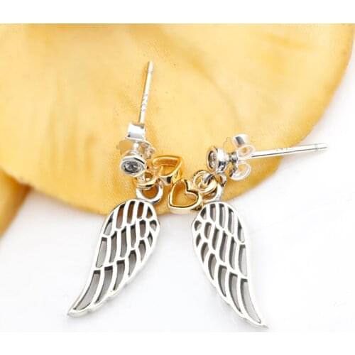 Genuine 925 Sterling Silver Love & Guidance Clear CZ Earrings Double Wings Flying together Women Jewelry