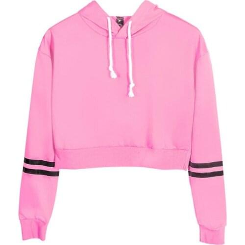 Women Crop Hoodies Solid Loose Casual Hooded Sweatshirts 2020 Autumn Long Sleeve Drawstring Sweet Ladies Korean Pullover Tops