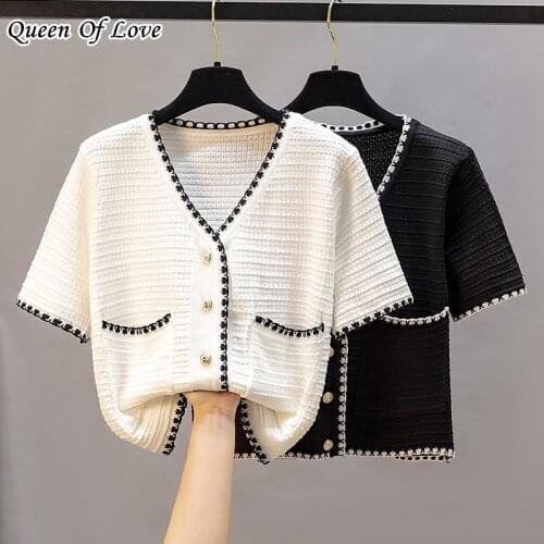 2021 Summer Fashion Streetwear Knitted Sweater Shirt Women Short Sleeve V-Neck Single Breasted Pocket Knit Shirts Tees Y2K