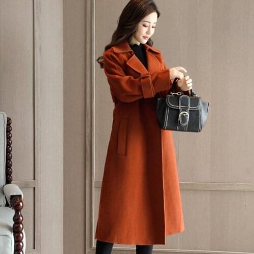 2020 New Fashion Women Autumn Belted Long Wool Blends Coat Loose Fit Ladies Maxi Overcoat Trench Woolen Office Windbreaker Coats