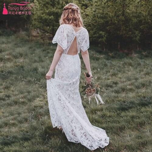 V-Neck Lace Wedding Dresses Mermaid Flare short Sleeve Backless Bridal Gowns Boho Fashion Vestido de Noivas ZW406