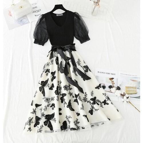 High quality Women Dress 2021 New Knitted patchwork Lace Embroidered Black Vintage Dresses Elegant V-Neck Slim Summer Dress