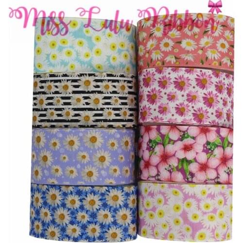 16mm-75mm Spring Flower Series Daisy Printed Grosgrain/Foe Ribbon Black Stripes DIY Hair Bowknots 50yards/roll