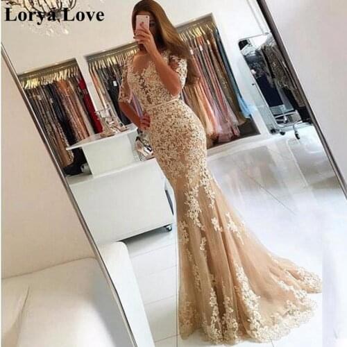 Champagne Half Sleeve Mermaid Evening Dresses 2020 Women Formal Party Night Robe De Soiree Elegant Vestidos Long Prom Maxi Dress